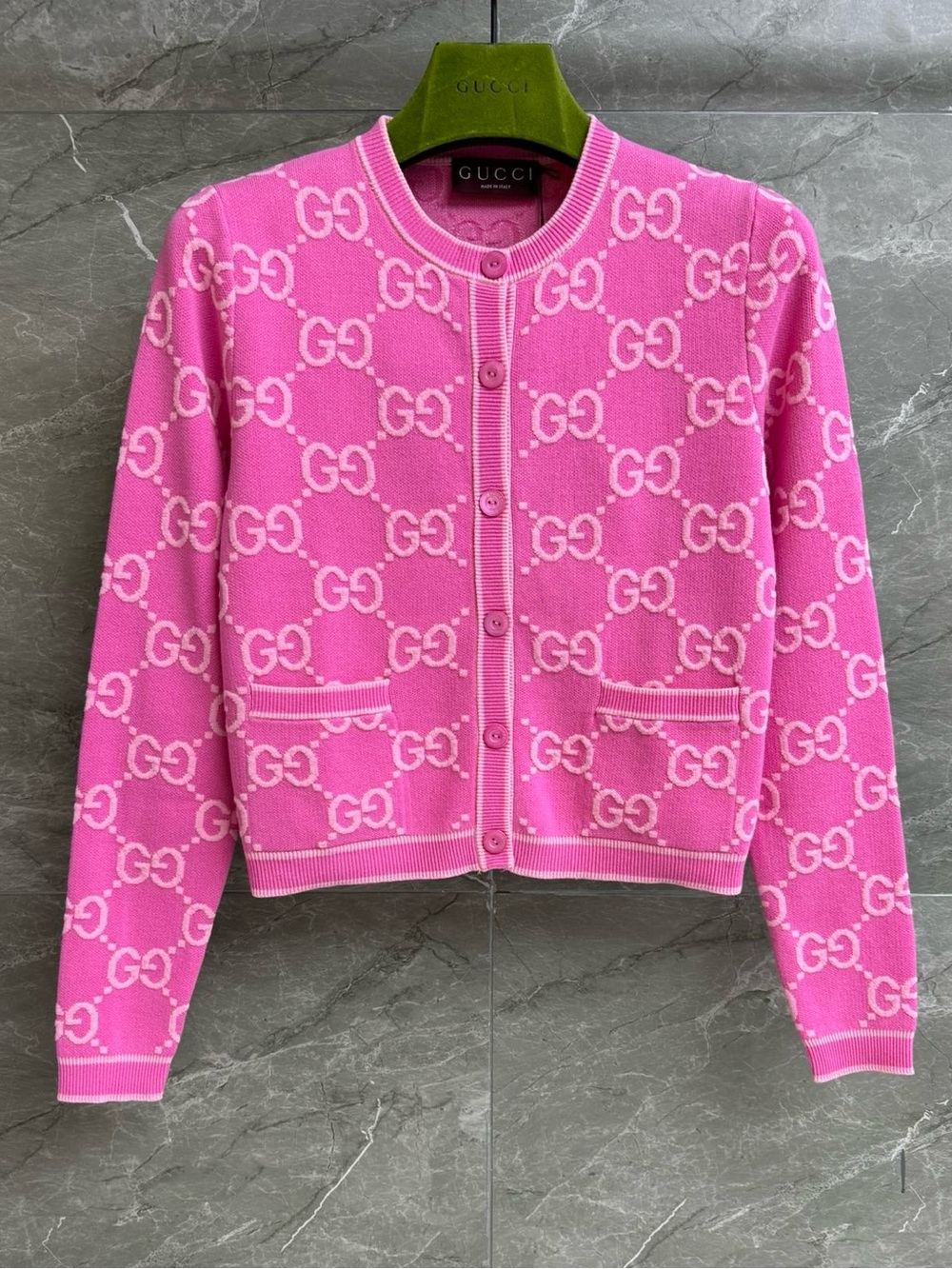 Gucci Hot Pink GG Monogram Jacquard Crew‑Neck Cropped Knit Cardigan
